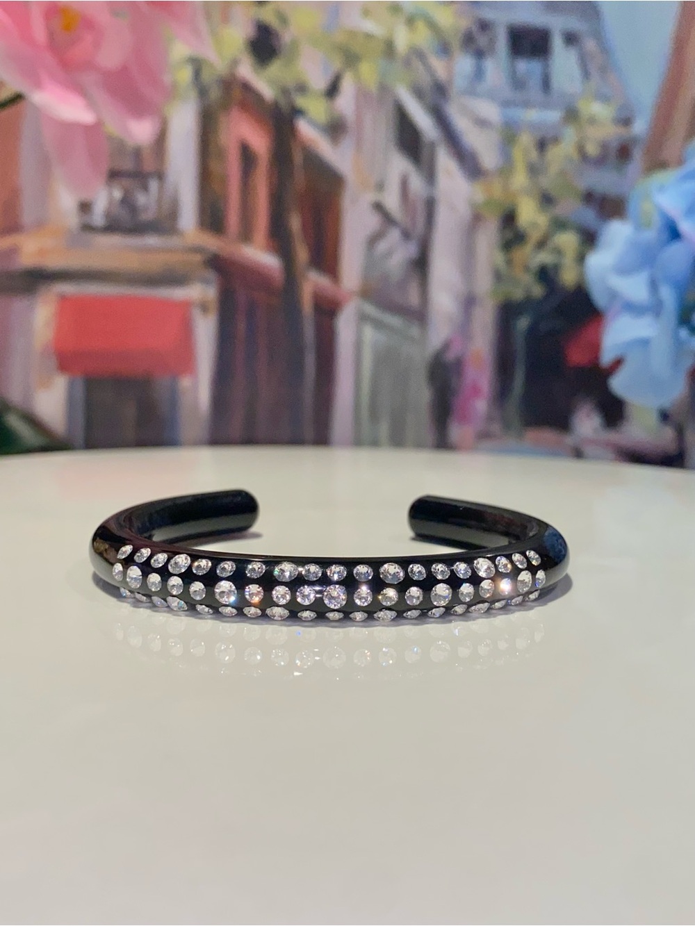 Women’s Black Acrylic Cuff Bracelet Embellished With Genuine AAA Crystals, New